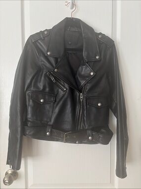 Blank NYC Black Faux Leather Biker Jacket with Belted Waist